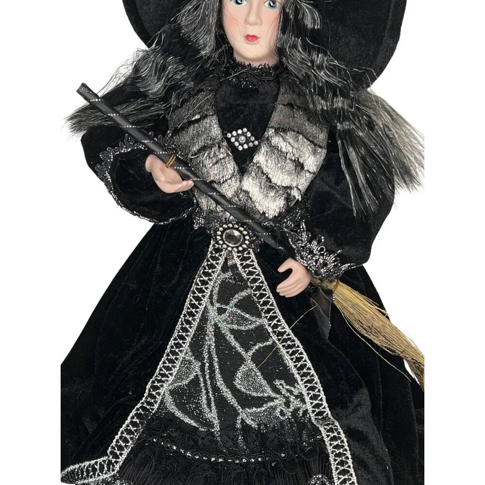 Porcelain Witch Doll Black Silver Velvet Dress Broomstick Halloween Collectible